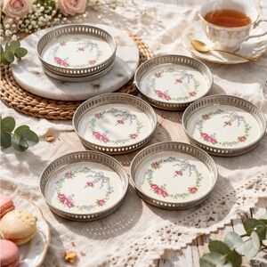 Vintage Floral Coasters Set of 6 Metal Rim Cottagecore Tea Party Decor